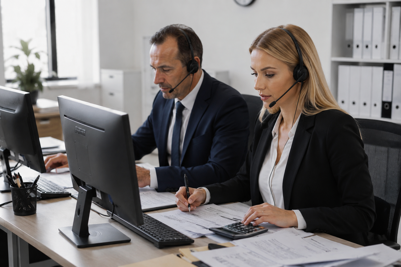 Asesora trabajando en oficina moderna con documentación administrativa